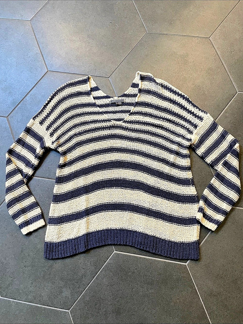 Vince Striped Cotton Blend Sweater in Blue & Cream L